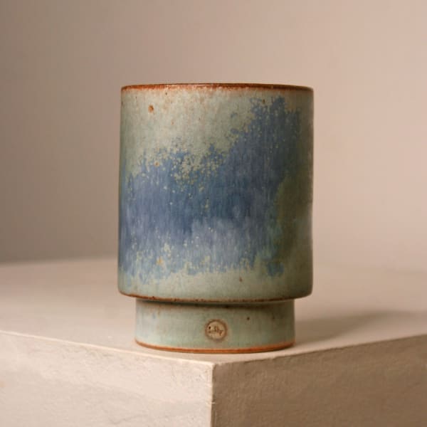 Atilla Olah ceramic yunomi cup in a variety of blue, green, grey and copper glaze colours