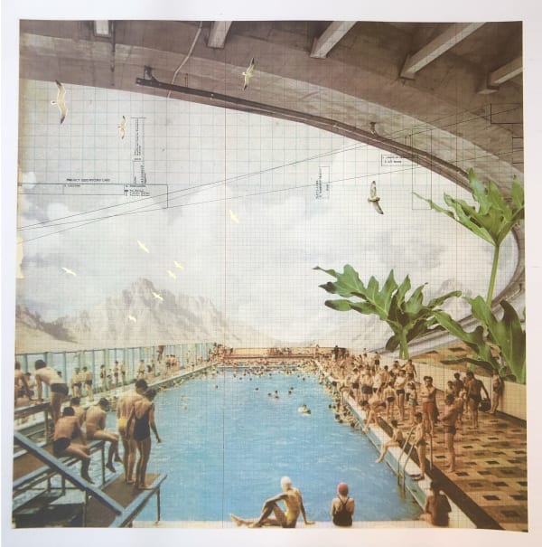 Maxine Gregson square silkscreen print of a vintage figures sat beside a blue poolside scene, with brutalist architecture surrounding them