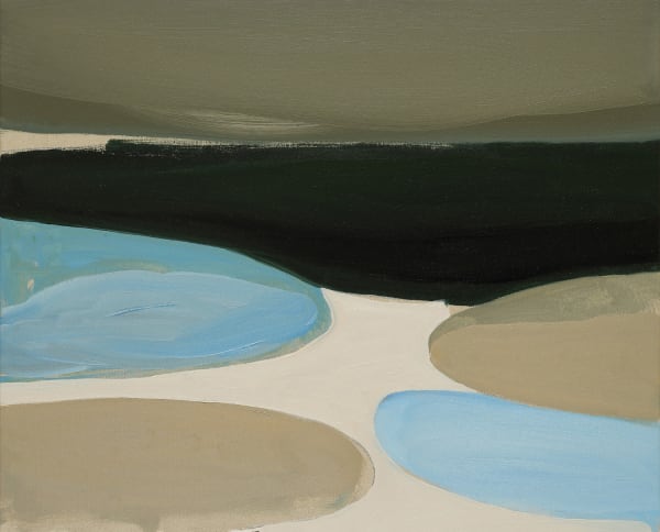 Henrietta Dubrey abstract painting, composed with a variety of pool-like formations in greys and blues