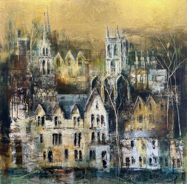 Bee Bartlett mixed media on canvas Oxford painting of Oxford buildings and rooftops in the distance, with gold leaf detail in the sky