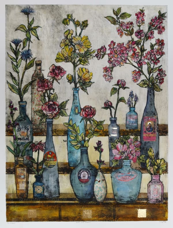 Vicky Oldfield collagraph print showing an array of bottles in different shapes and sizes, all containing variety of flowers in yellow, pink and periwinkle on a speckled grey background.