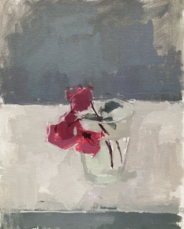 Sarah Spackman still life painting with figurative strokes, the subject is a stalk of Bougainvillea with 3 bloomed flowers in shades of deep pink resting in a short tumbler glass filled with water. in contract to the bright flowers, the surface is painted