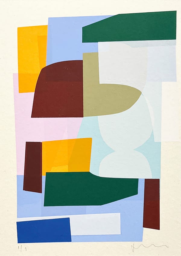 Jonathan Lawes abstracted silkscreen print of semi circles and oblongs in colours of red, green, blue, pink and yellow