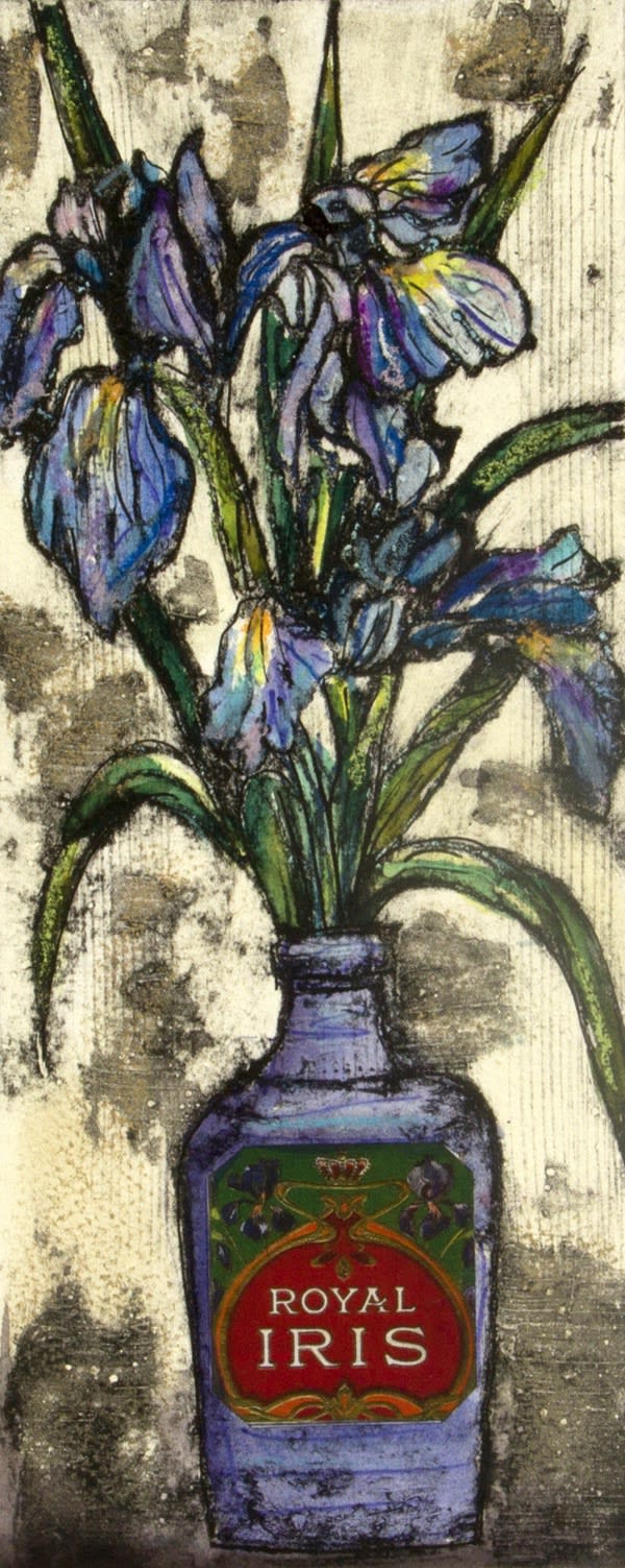 Vicky Oldfield print of blue iris flowers in a blue glass bottle with a bright red label.