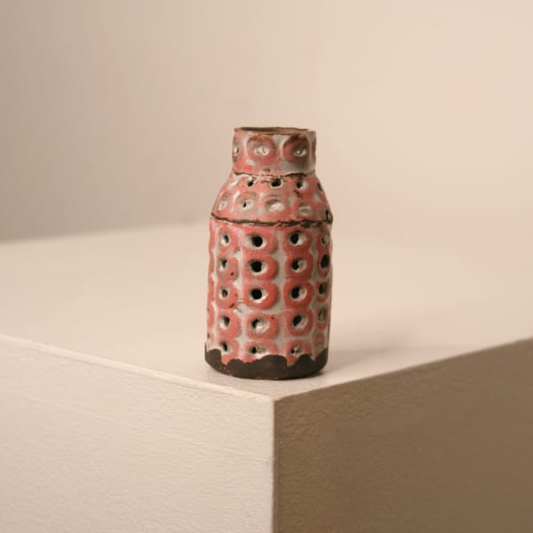 Elly Wall stoneware small ceramic bottle vase with raised bumpy texture pink glaze