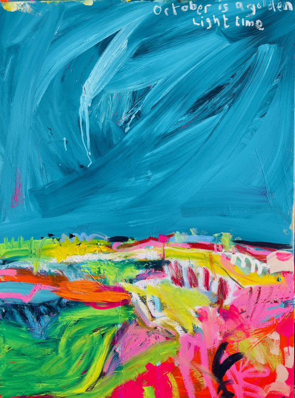 Emily Powell brightly coloured oil on canvas skyline painting of a town with text in the top right-hand corner.