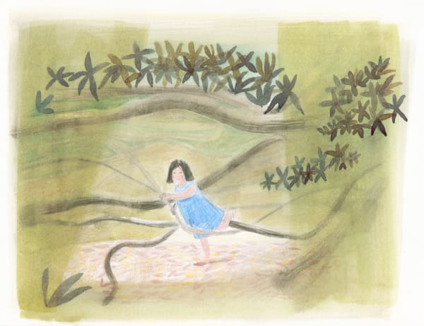 Sarah Lacy watercolour, ink and pencil piece, showing a young girl playing among the branches of a tree with a great beam of sunlight shining upon her, surrounded by luscious greenery.