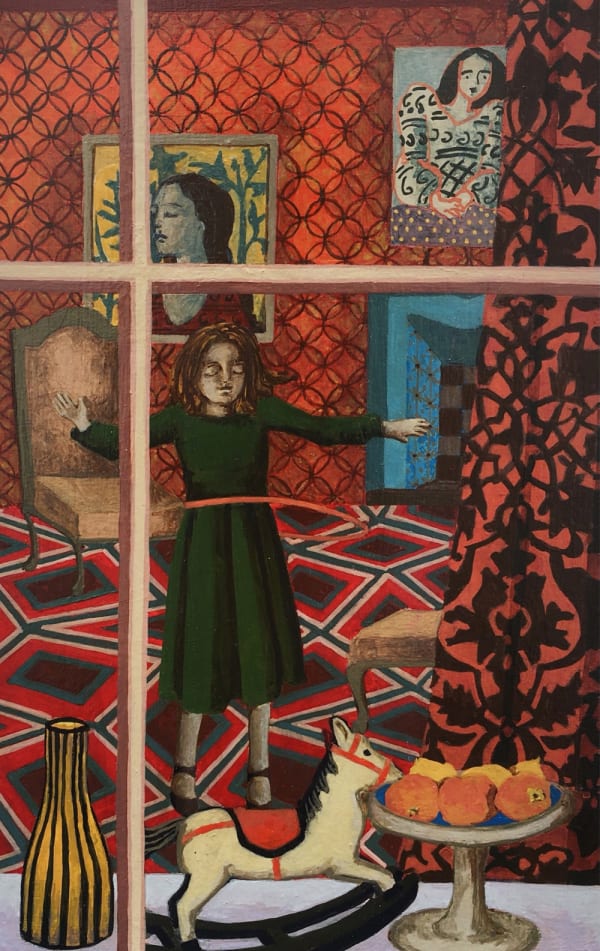 An interior seen through a window, showing a toy horse and a fruit stand on the window sill, a girl in the centre doing the hulahoop, artworks on display on the wall behind her. The patterns of the furnishings carefully painted in shades of red
