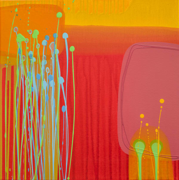 Charlotte Cornish abstract painting showing translucent layers of the colour orange, red, pink, and green