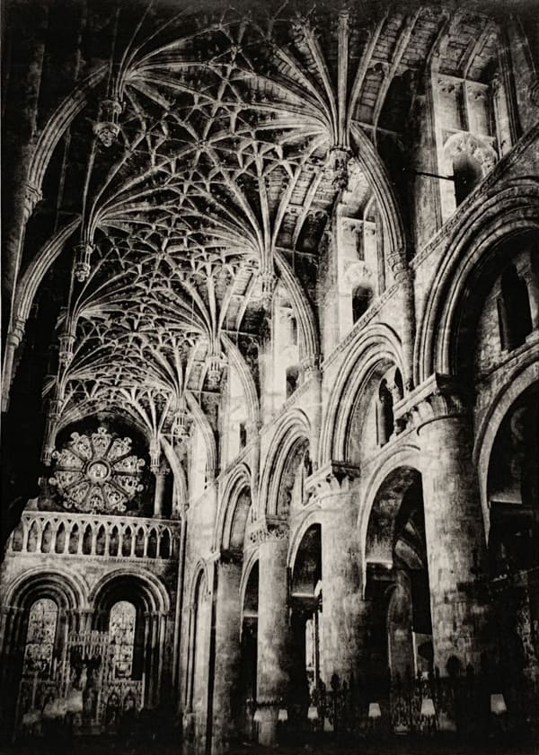 Lindsey Moran tonal black and white print of a gothic vaulted cathedral ceiling and interior.