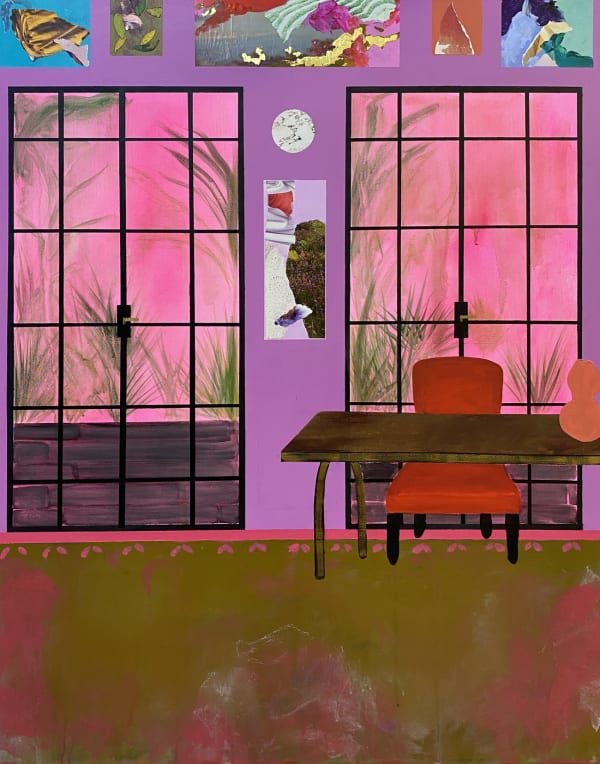 A view of an interior by Dawn Beckles showing a green floor in the foreground with a desk and a chair are placed to the right. Behind are glass doors outlined in black revealing an outside area, a pink sky and exotic plants visible.