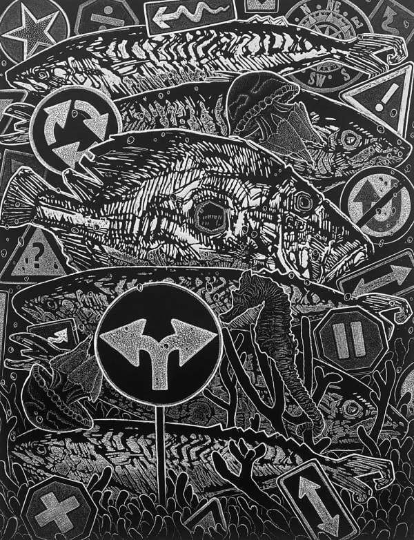 Ade Adesina complex print in black and white showing a myriad of road signs among large fish, sea horse and jelly fish.