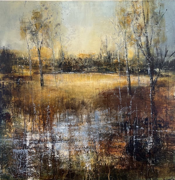 Bee Bartlett mixed media on canvas Oxford painting of Port Meadow in golden light
