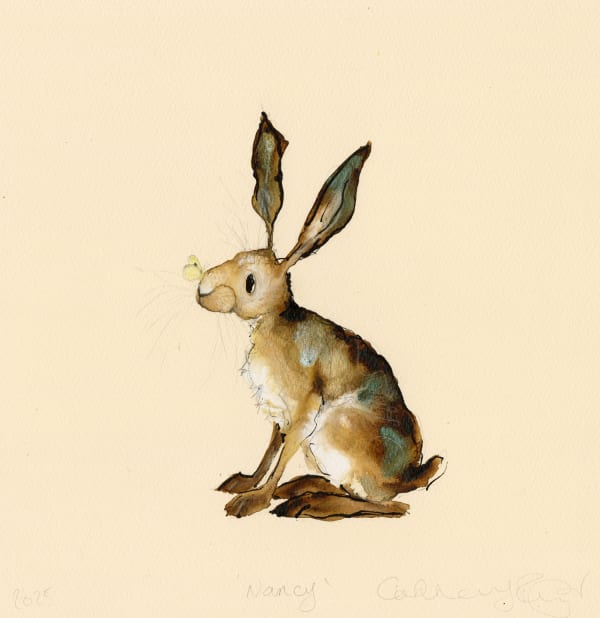 Catherine Rayner original painting of a singular brown ahre with a small yellow butterfly perched on her nose, with cream negatice space around them