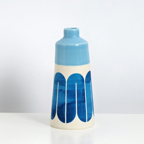 MapMap ceramic cone bottle vase with scandi-inspired stencil design in blue