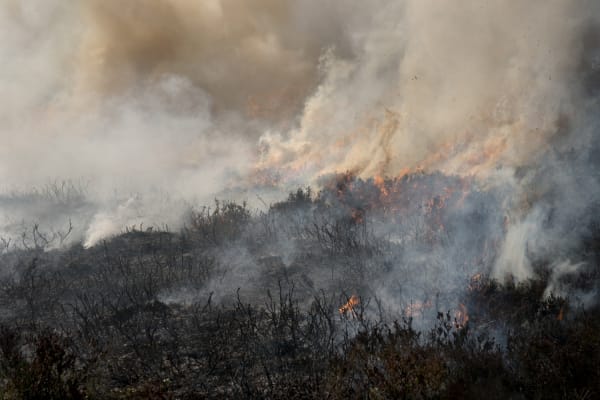 Rory Carnegie layered photograph of a wild fire spreading across a hill, surrounding by thick smoke
