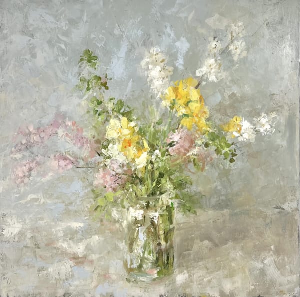 Fletcher Prentice oil on canvas painting in an expressive and textural style of a glass jar with spring flowers in against a pale blue background
