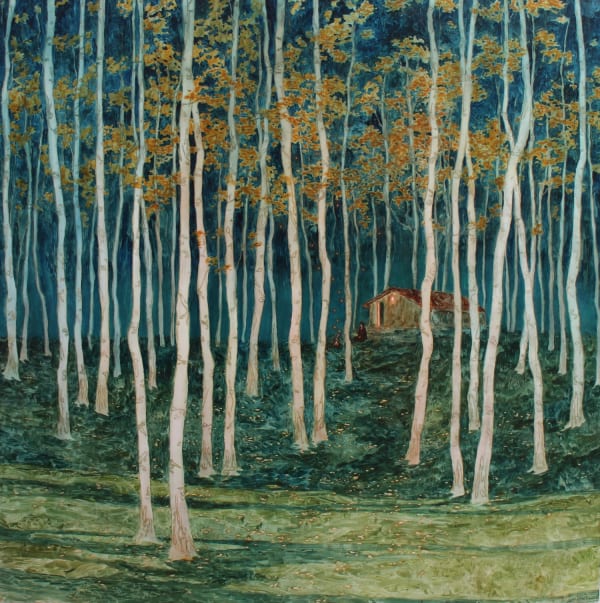 Daniel Ablitt woodland landscape of white birch trees, their yellow leaves falling to the ground. A small cabin is visible through the trees a figure seated just outside