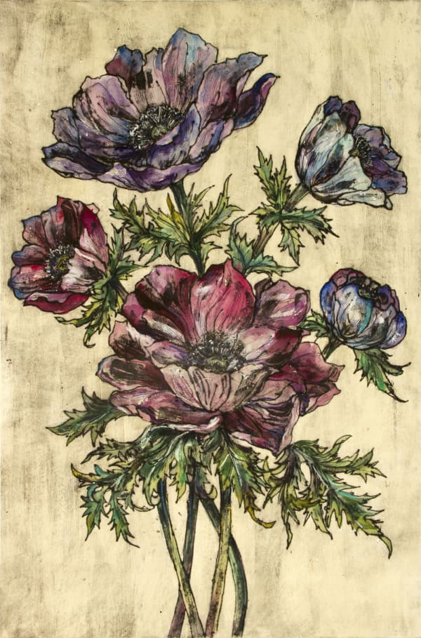 Vicky Oldfield large scale print of anemones in violet, blues and pinks against a soft sepia background.