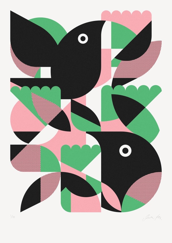 Jim Fox silkscreen print of two black bird flying towards one another, with abstracted shapes in pink, green and black