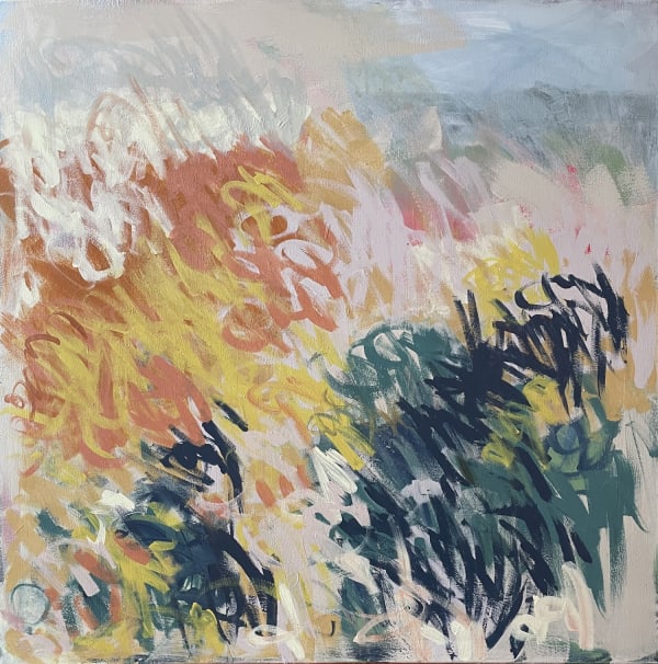 Claire Oxley oil on canvas painting of a beach view with a variety of plants in peaches, yellows, turquoises and lilacs. Using a rhythmic mark making stroke style, Claire creates a semi abstract beachscape.