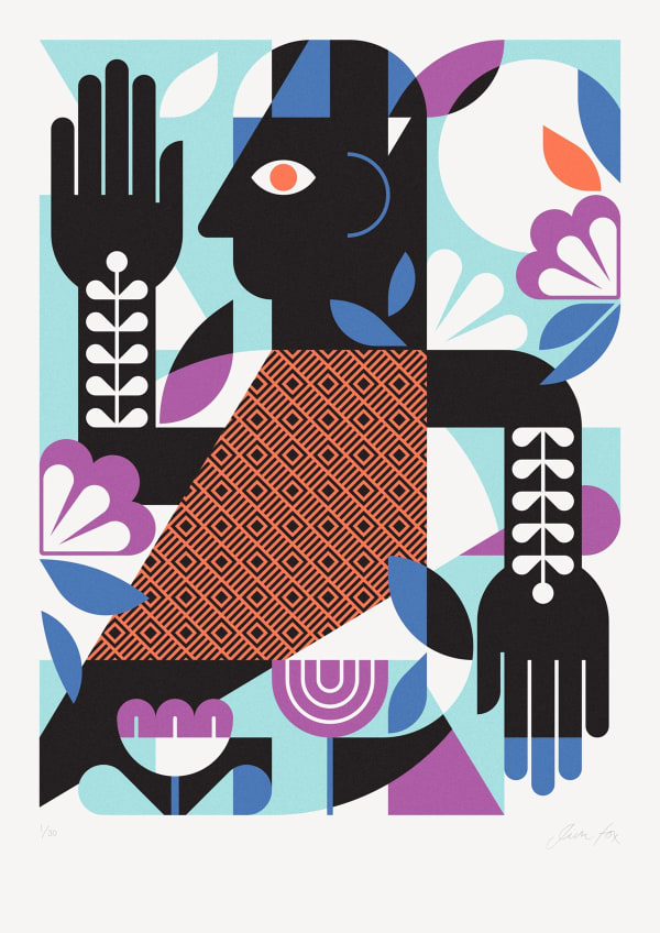 Jim Fox silkscreen print of a dancing man, with abstracted shapes in blue, purple, brown and black