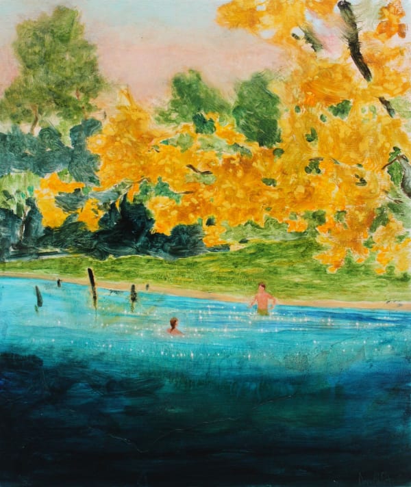 Daniel Ablitt painting looking into a luscious green and yellow forest from a deep blue body of water, figures are seen swimming near the shore