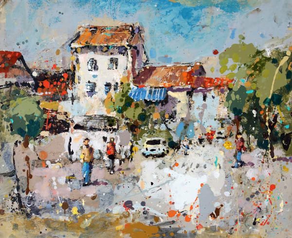 Andrew Hood painting, abstracted view of a busy small village, white buildings are topped by terracotta rooves, and surrounded by deep green trees. Visitors mill around cars in the foreground.