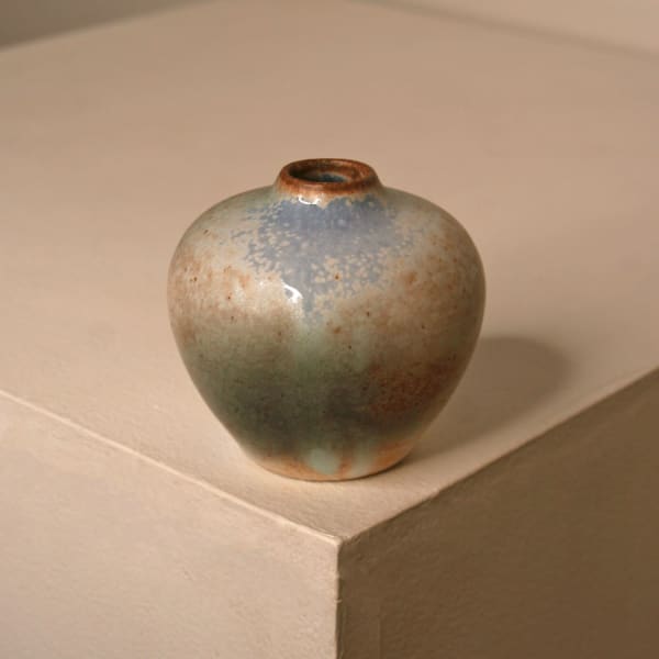 Atilla Olah ceramic mini bowl in a variety of blue, green, grey and copper glaze colours