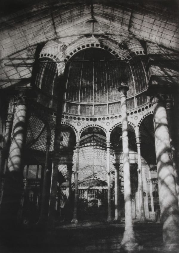 Lindsey Moran tonal print view in black and white by Lindsey Moran in the style of an old photograph of the interior of a Victorian conservatory with focus on how the light falls on the structure of the pillars and ceiling.