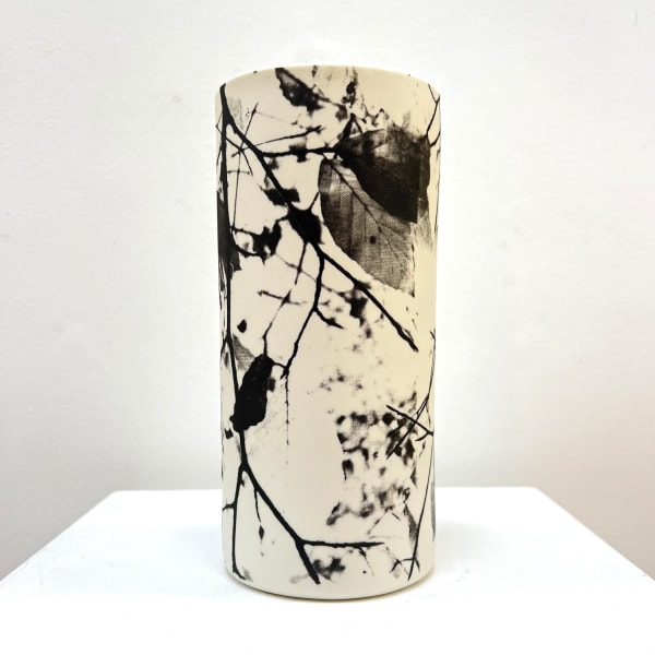 Heidi Harrington ceramic vase with photo transferred beech tree branches in black and white