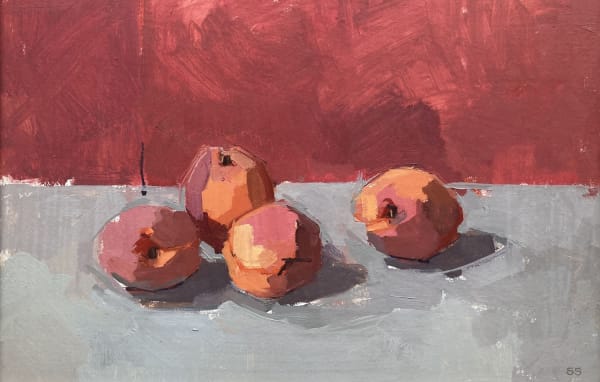 Sarah Spackman figurative still life of 4 ripe apricots lined up on a pale grey surface. The deep terracotta hues of the background dominates the space behind the fruit.
