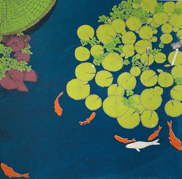 Clare Halifax screen print, showing a view from above of a pond in deep blue with lime green plants and a few bright orange goldfish.