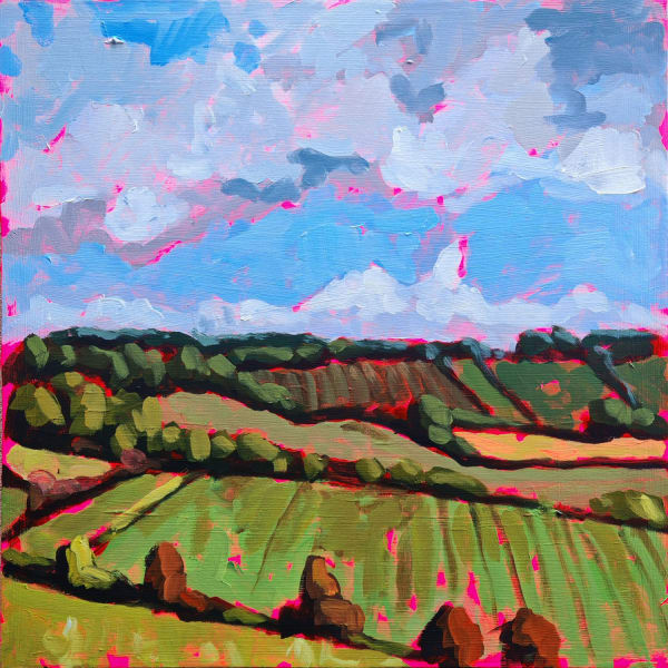 Belinda Millar acrylic on canvas painting of The Chilterns, showing the rolling hills in colours greens, pinks and golds in a landscape orientation