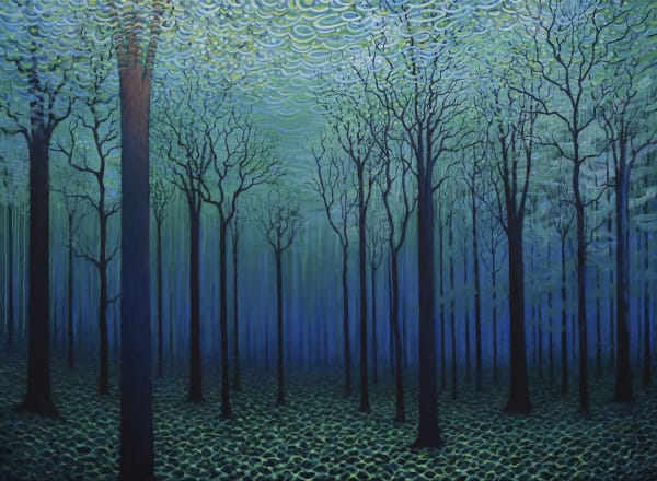 Jim Whitty imagined submerged woodland, with branches reaching up into the water sky and a sandy forest floor in blues and greens