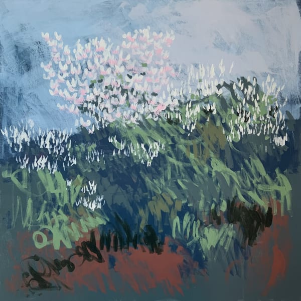 Claire Oxley oil on canvas painting of Magnolia stems in greens, navy, maroons and baby pink. Using a rhythmic mark making stroke style, Claire creates a semi abstract landscape.