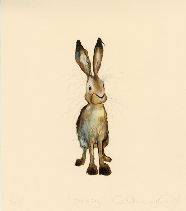 Catherine Rayner original painting of a small brown hare, sat upright surrounded by cream negative space