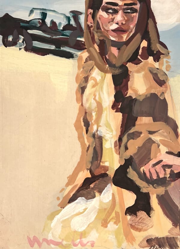 Veronica Wells painting of a woman in a beige trench cot looking to her right with a car behind her
