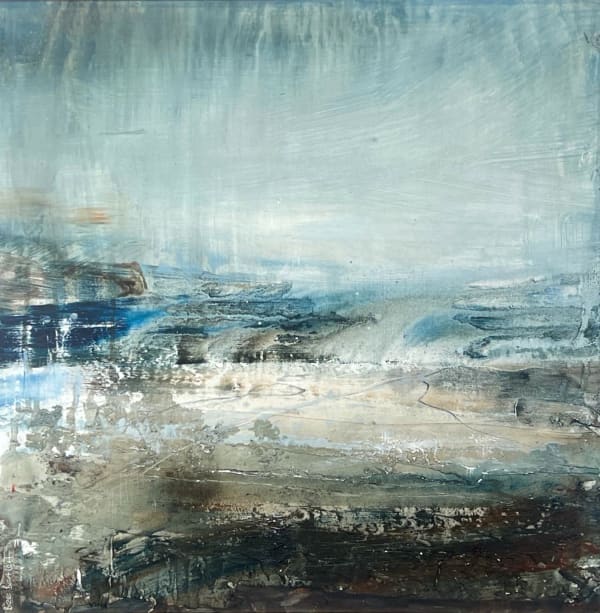 Bee Bartlett semi abstracted seascape paintings in blues whites and greys