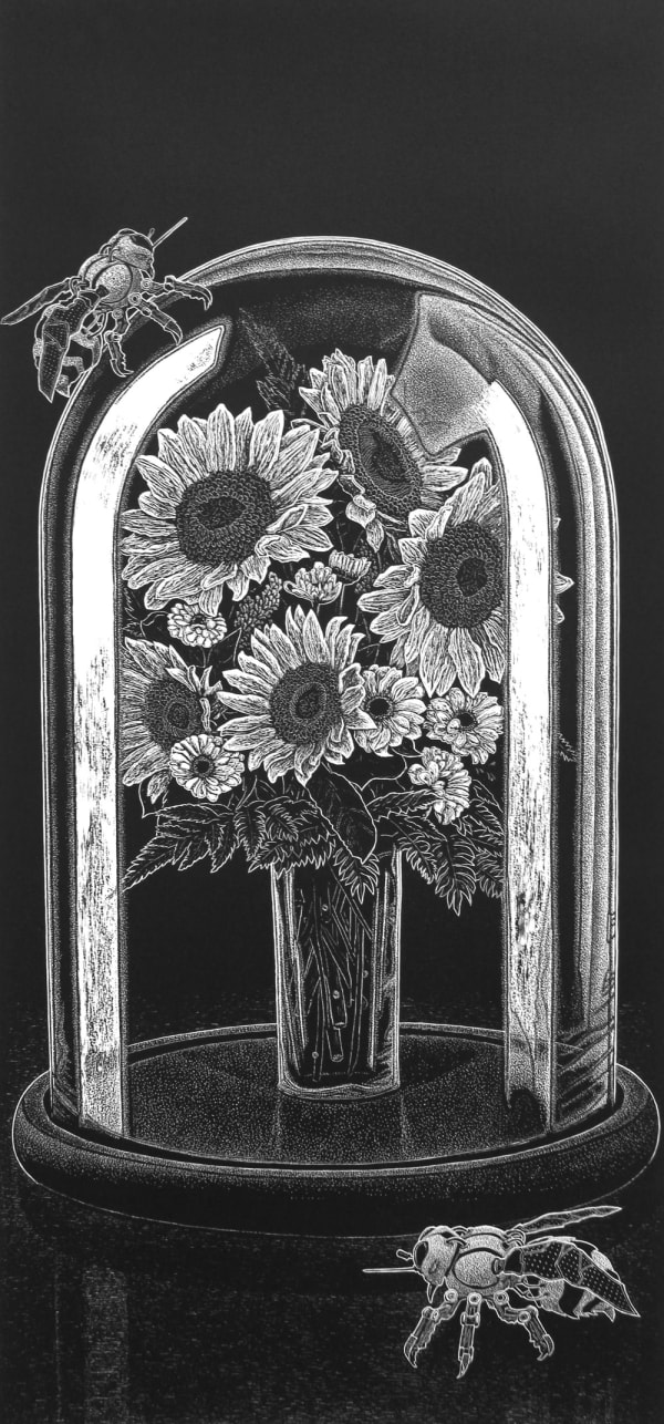 Ade Adesina tonal print of a bouquet of flowers placed underneath a glass bell jar
