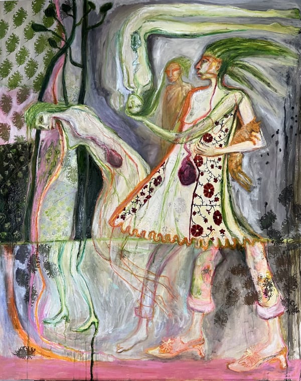 Rebecca Swainston painting of 4 figures - a maternal figure holding a cat in her arms with three daughters - walking to the left. On of the daughters is upside down with the crown of her head in the mother's palm. The composition suggests they are walking