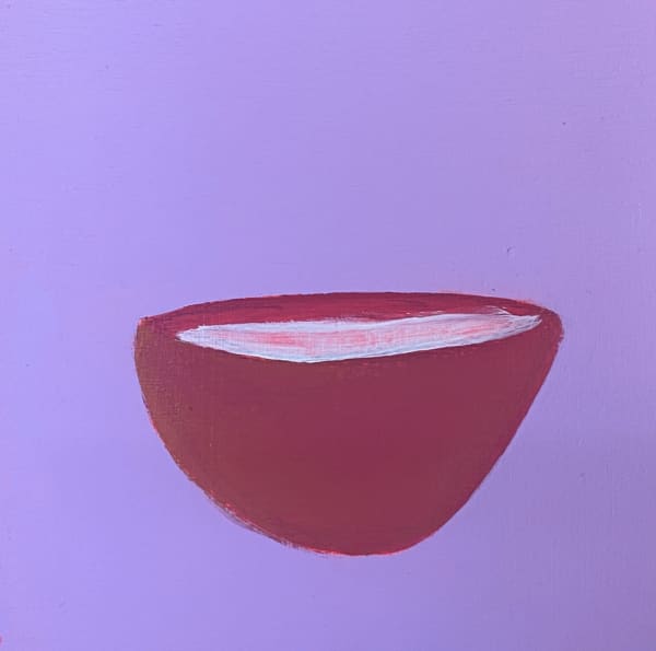 A tiny painting by Dawn Beckles of a plum coloured bowl against a mauve background.