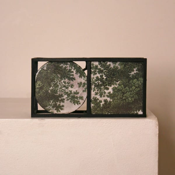 David Rhys Jones vitreous enamel and stainless steel sculpture with etching imagery of spring trees