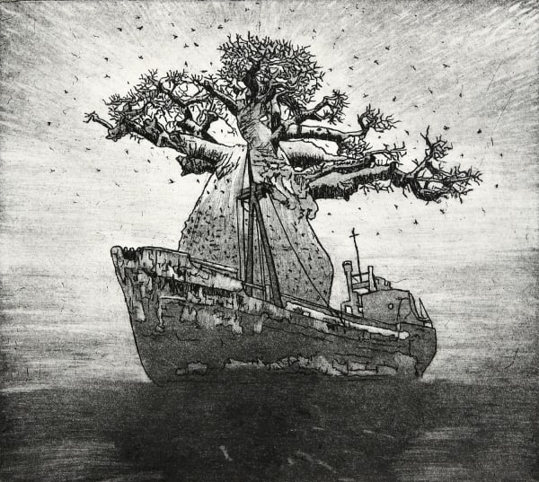 Ade Adesina print in black and white of an old oil tanker carrying an enormous baobab tree, birds circling above.