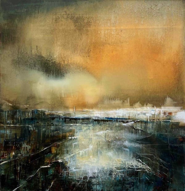 Bee Bartlett mixed media semi abstract landscape loosely based off of Port Meadow with a dramatic orange lit sky reflecting in a lake.