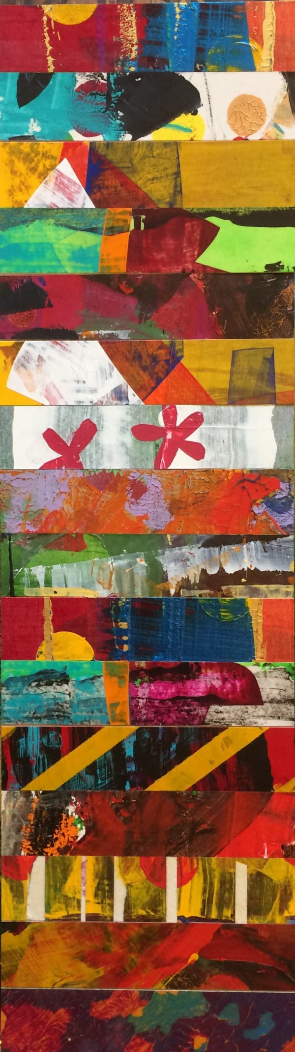 Mark Haddon abstract acrylic piece, divided into 16 horizontal sections detailing an impressive variety of patterns and colours in each one.