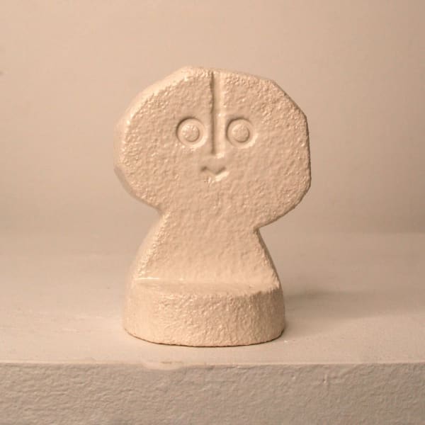 Peter Slight ceramic slip-cast bust of a circular head with abstracted face and egg shell white glaze on a plinth base