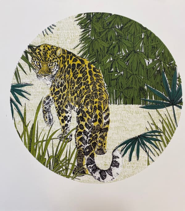 Clare Halifax circular screen print, showing a leopard seen from behind with its head turned towards the viewer in a lush green landscape, different plant structures rendered in a highly detailed style.