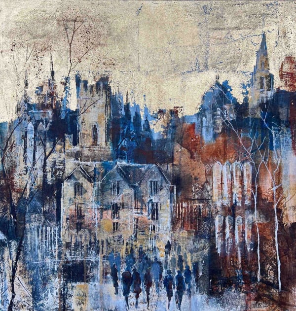 Bee Bartlett mixed media on canvas semi-abstract landscape of Oxford colleges with gold leaf, and figures seen walking amongst the buildings