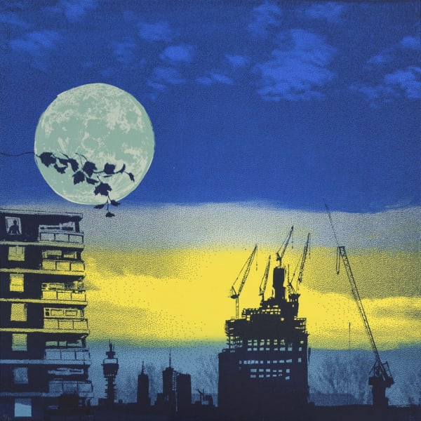 Anna Marrow screenprint of a city at night with a large moon in the sky